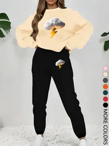 New Creative Simple Thunder Lightning Print Letter Printed Sweatshirt Set, Long Sleeve Round Neck Pullover & Pants, Fashion Women's