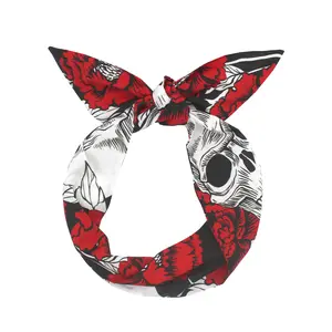 JuneStudioDesign Extra Long Wide Wired Cotton Pattern Headband|Tie Knot|Twisted|Fabric|Dolly Bow|Turban|Hair Bun|Ponytail Scarf|Braid Scarf|Hair Wrap|Vintage|Art Retro|Skeleton & Roses