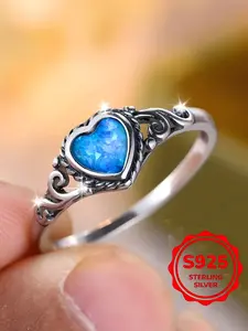 Women's S925 Silver Retro Style Ring, Blue Heart Opal Stone Design, Unique & Versatile Jewelry Gift for Her, All-Season Accessory, Heart Shaped Ring