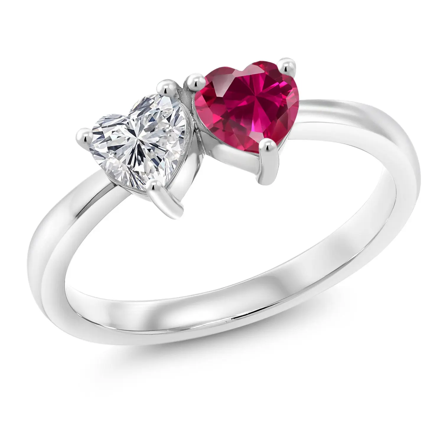 Gem Stone King 925 Sterling Silver Lab Grown Diamond and Red Created Ruby Engagement Ring For Women | 1.04 Cttw | Heart Shape 5MM | Gemstone April Birthstone