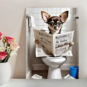 2D flat 1-piece wall decoration - A funny pug wearing glasses reading a newspaper in the toilet. Suitable for modern vertical poster decoration in living room, bedroom, and bathroom. It's the perfect gift for dog lovers. Bathroom wall decoration.