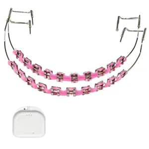 1 Pack Temporary fake braces clip on brackets for adults teeth props for dental students Tooth Decoration Orthodontist Explain Props with Metal Wires Metal Bracket Halloween Tooth Decorations(Pink)