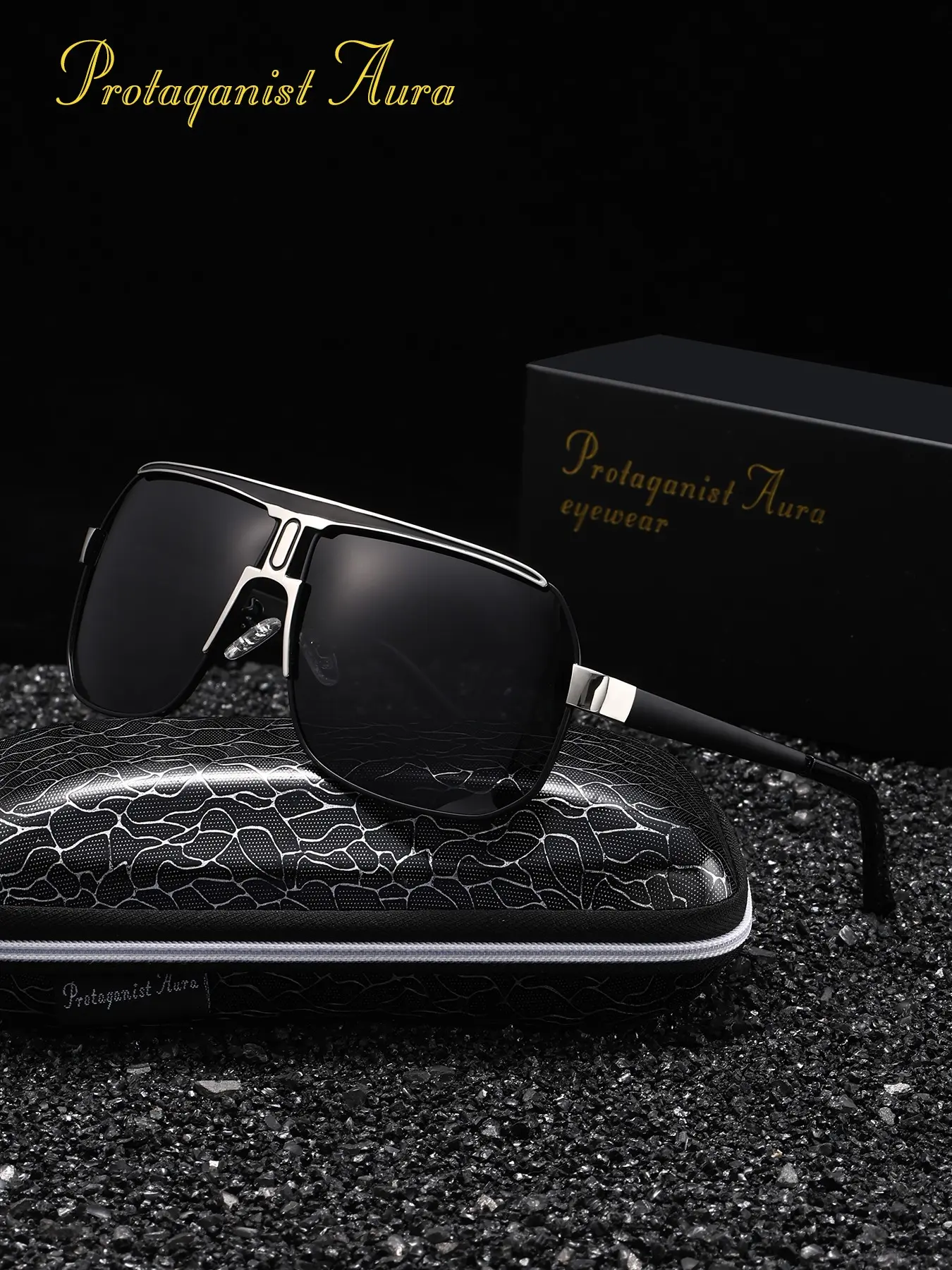 Protagonist Aura Polarized Anti-Glare Pilot High Quality Sunglasses for Men, Black And Silver Masculine Frame, UV Protection, Sun Protective Eyewear, Durable And Lightweight for Outdoor, Driving Shades & All Occasions