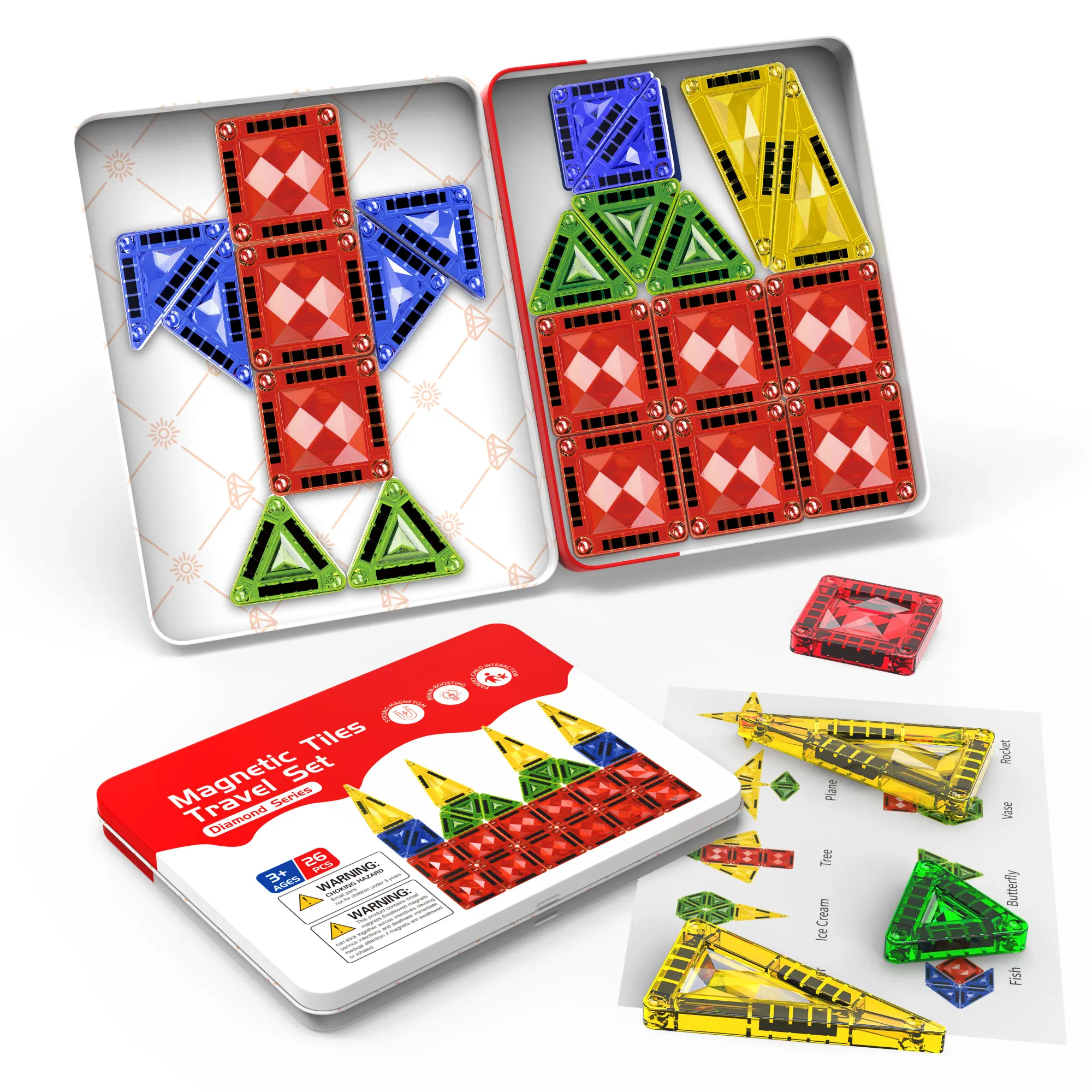 PlayHype Mini Magnetic Tiles, Travel STEM Montessori Building Blocks with Metal Storage Box, Educational Sensory Toys for 3-8 Year Old Kids, Gift for Boys & Girls