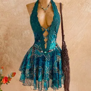 Teal Halter Dress with Lace Beaded Details and Fringe Accents for Summer Festivals