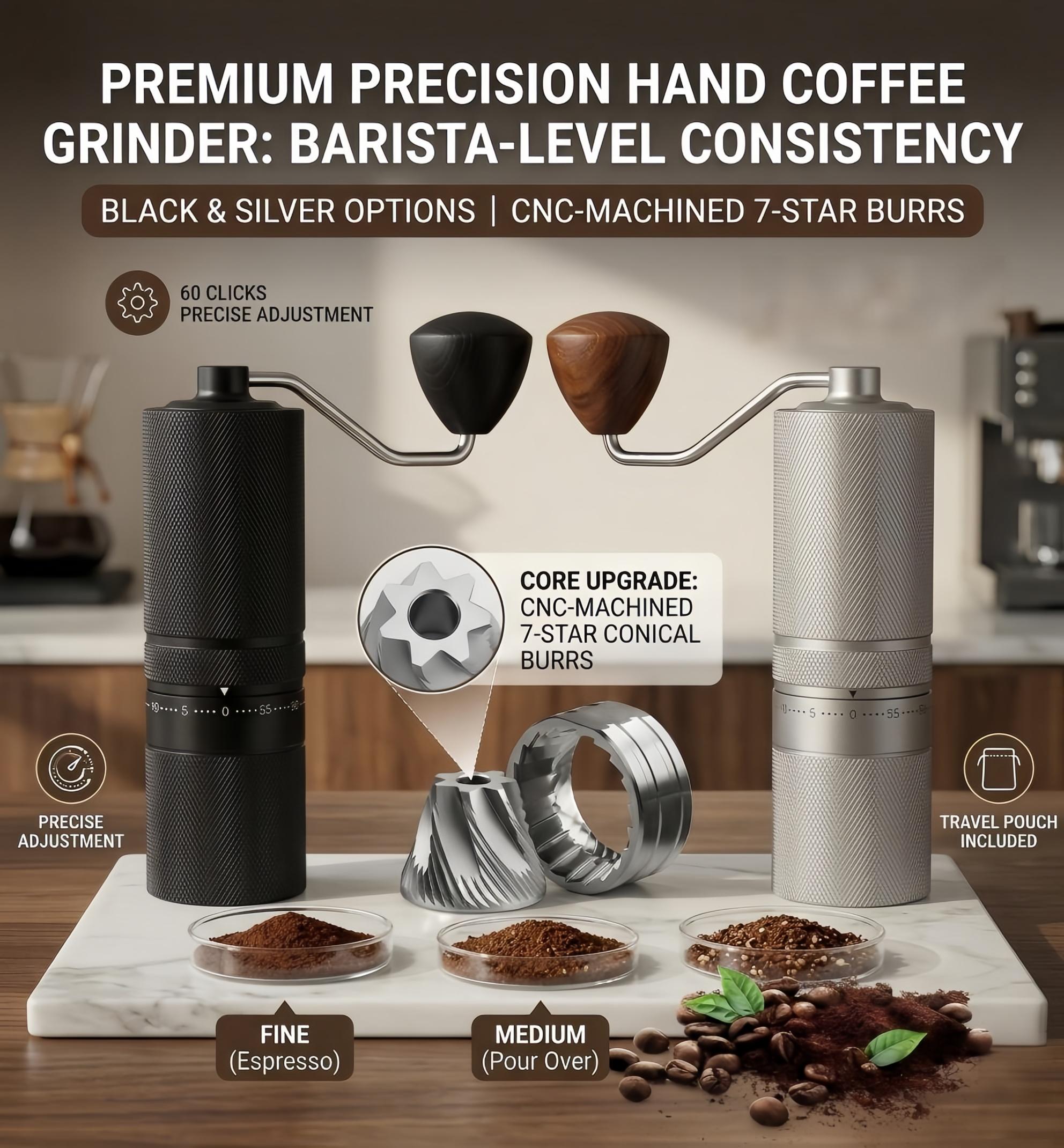 Dwell Premium Manual Coffee Grinder | 7-Core CNC Burr with 60 Precise Settings | Espresso to French Press