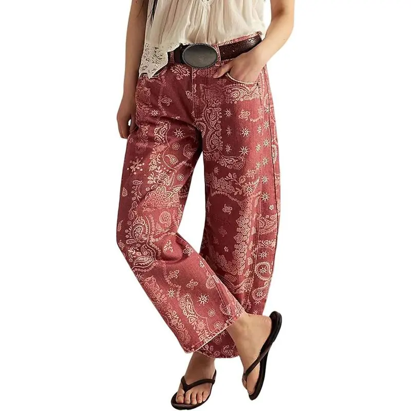 Women Boyfriend Baggy Barrel Jeans Floral Print Denim Ankle Pants Wide Leg Mid Rise Jeans Sweatpants Y2k Patchwork, popular leopard print jeans, fashionable high-waisted loose jeans for men and women