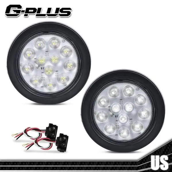 2Pcs 4 Inch Round 24 LED Reverse Backup Tail Lights Trailer Truck Clear Lens 12V Side Lights G-PLUS