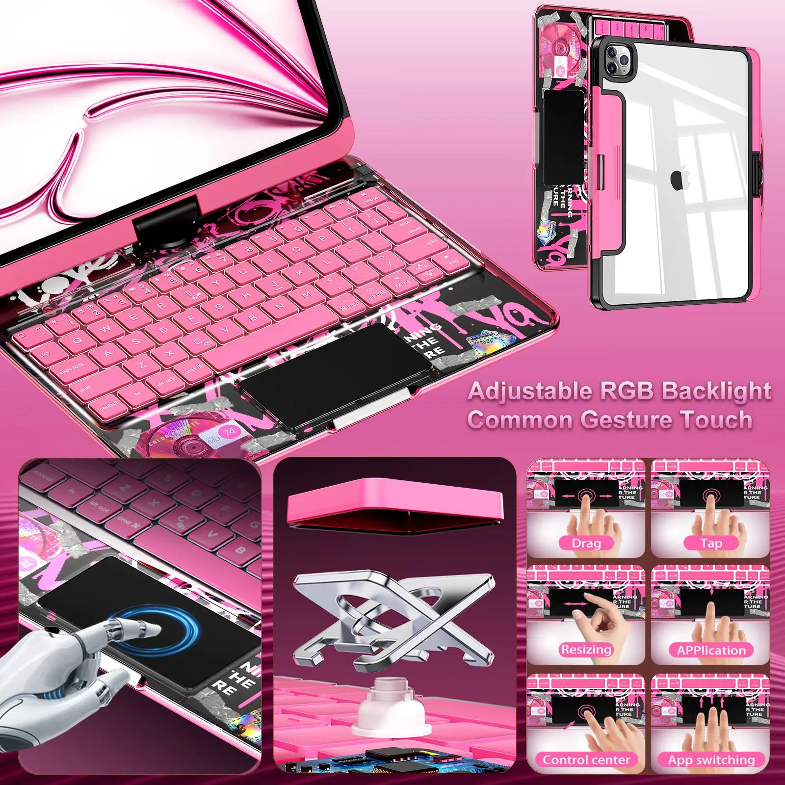 NAIDUN Latest 360 Swivel Keyboard with Y2K Style Transparent Case for iPad Tablet Accessories Adjustable RGB Backlight Common Gesture Touch