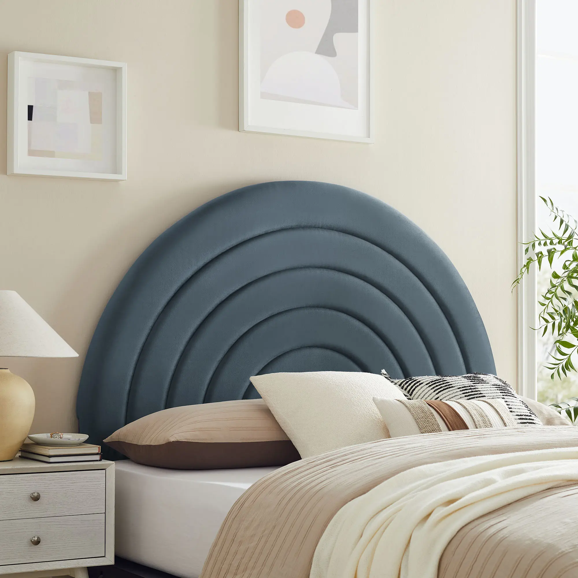 Solana Cadet Blue Arched Performance Velvet Full Headboard - Fabric Upholstered, Arch, Curved Headboards for Bedroom Indoor Furniture