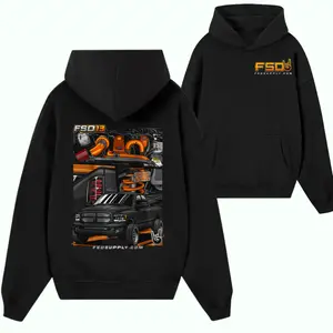 FSD Supply Co. "FSD 13" Heavy Duty Hoodie – Black Premium Streetwear featuring Orange Performance Engine & Suspension Detail with Custom Black Truck Collage