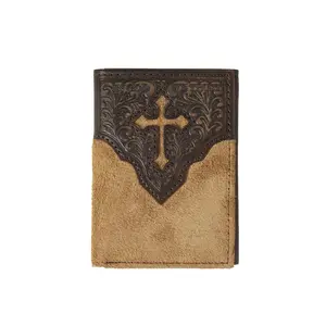 Nocona Men’s Bifold Wallet – Tan Leather with Floral Embossing & Cross Design