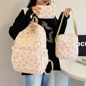 3 Pcs/Set Korean Fashion Bow Print Women Fashion Backpack Lightweight Simple Student School Bag Adjustable Strap Travel Backpack