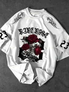 Unisex Graphic T-Shirt - Dark Aesthetic Gothic Floral Rose Print - Y2K Cyberpunk Streetwear Top Summer for Clubbing, Skater Outfits & Daily Casual Wear