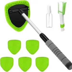 9PCS Car Window Cleaner Kit Extendable Handle Windshield Cleaning Tool with 6 Reusable Microfiber Pads with Air Vent Brush & Empty Spray Bottle Car Detailing Supplies