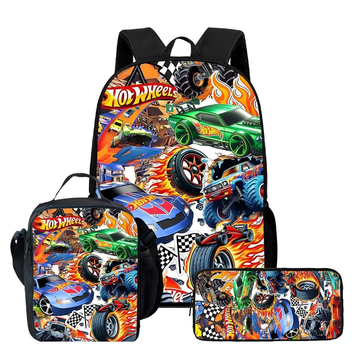 Hot Wheels Flame Race Car Collage Print 3 In 1 Backpack Set Kids Laptop School Daypack Insulated Lunch Bag Pencil Case Combo