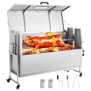 fathersdaygift VEVOR Rotisserie Grill, 38W BBQ Outdoor Pig Lamb Spit Roaster, Charcoal Spit Roaster with 132 LBS Capacity, Wheels 4-Level Height, Stainless Steel Electric Rotisserie Grill Kit for Camping Outdoor