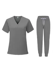 Women Multicolor Solid Color Scrub Set, V-Neck Short Sleeve Breathable Workwear for Beauty Salon Pet Clinic Spa