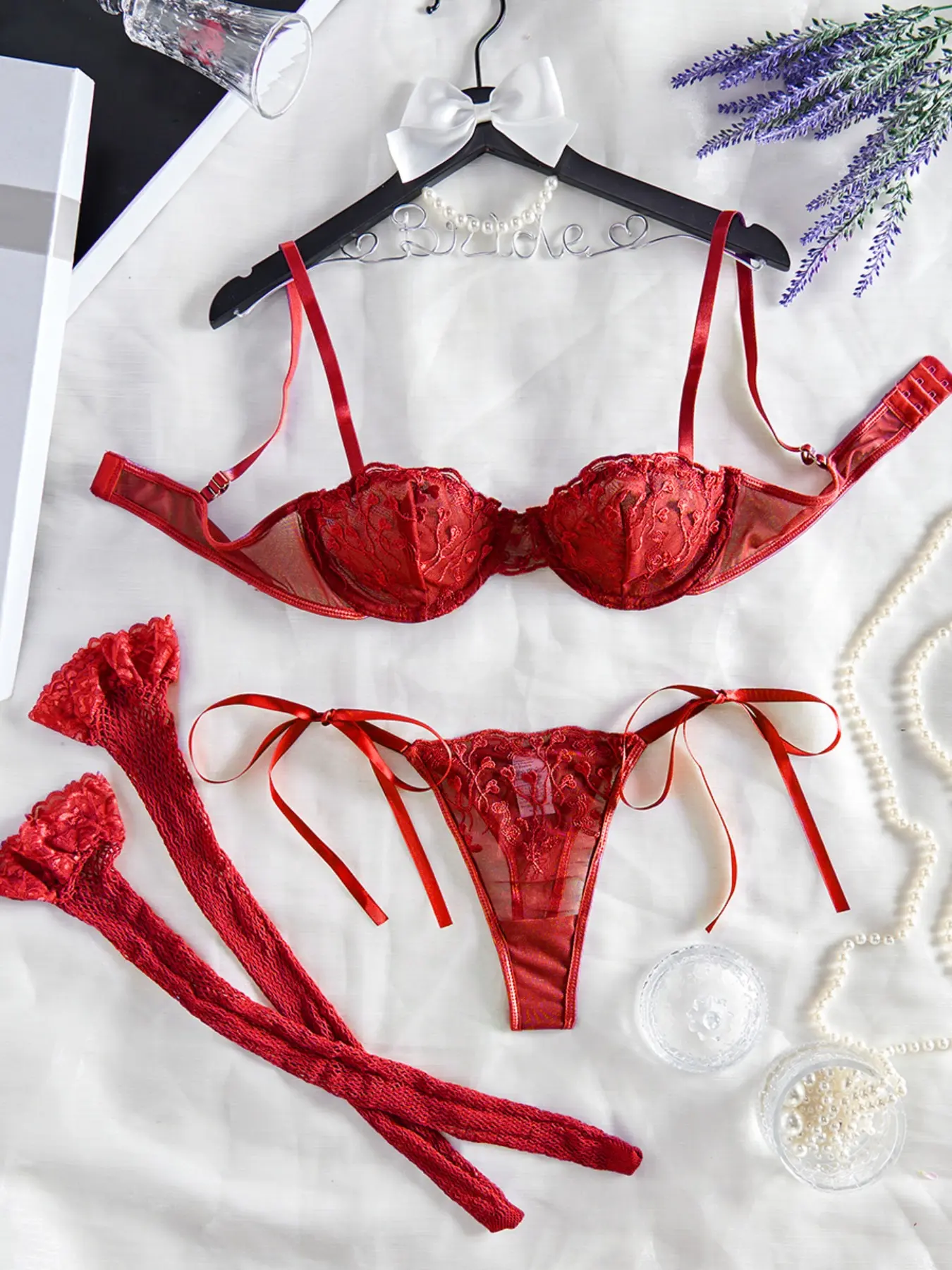 Women's Lingerie Set Bra Thong Stockings, Sexy Embroidered Embroidery Transparent Underwear, High-Quality Comfortable Fitted Fire-Hot Women's Clothing, Underwear Sets