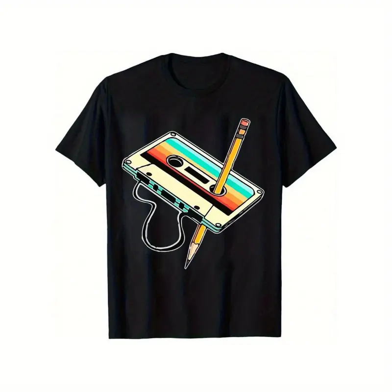 100% Cotton Men'S Retro Cassette Tape And Pencil Pattern Cotton T-Shirt - Black Short Sleeve Crew Neck, Vibrant 80S Design, 100% Cotton, Casual Version, Perfect For All Seasons, Everyday T-Shirt |   Playful Print Shirt |    Golf Gift T-Shirt For Men And W