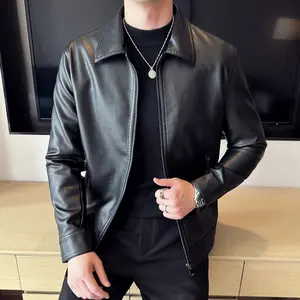 Men's Slim Fit Black Leather Jacket with Stand Collar, Vintage Motorcycle Style, Zipper Closure, Perfect for Autumn and Winter, Versatile Fashion and Business Casual Coat