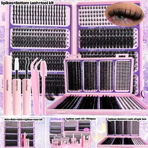800pcs Lash Clusters for Eyelash Extension, Includes Spiky and Bottom Lashes, 40D/60D/80D/100D Mixed-Style Volume Lash Clusters with Glue, Tweezers and Brush, D-Curl 3D Individual Wispy Eyelash, Fluffy Manga False Eyelashes for DIY at Home