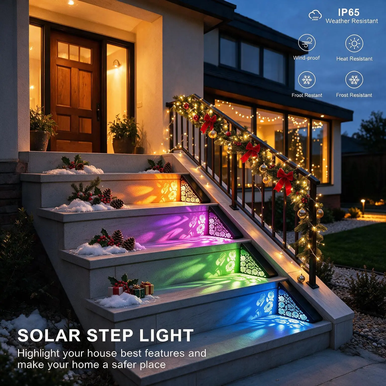2 Pack Solar Step Lights Outdoor, IP65 Waterproof LED Deck Stair Lights, colored lights gradient colors Auto Dusk-to-Dawn Warm White Glow, Solar Powered Lights for Front Porch, Garden Pathway, Patio Steps, Home Decor