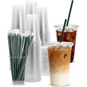 24oz 50pcs Disposable Clear Plastic Cups with Lids and Straws, BPA Free Round Bottom Cups for Iced Coffee, Bubble Tea, Smoothies, Picnic, Takeout, Party, Office, Eco-Friendly To Go Drinkware Drinking Cups