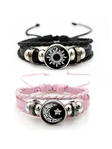 Night Glow Moon Sun Matching Bracelets, Adjustable Punk Style Woven Leather Couple Jewelry, His & Hers Gift Set, Adjustable Strap Bracelets