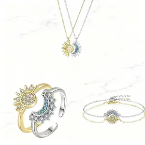 Couple Sun Moon Magnetic Jewelry Set Adjustable Necklace Bracelet Ring Matching Matching Gifts for Him Her Love Party Back to School Accessories