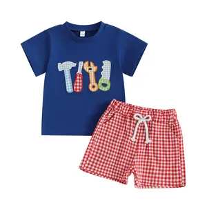 Toddler Baby Boy Two Piece Outfit Tool Embroidery Short Sleeve T Shirt Tops Elastic Waist Pockets Checkered Shorts