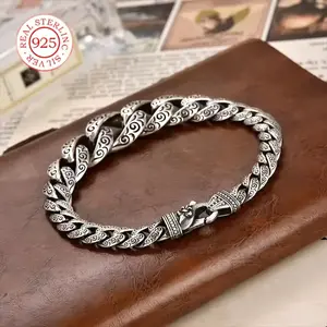 Men'S S925 Sterling Silvery Cuban Chain Bracelet with Wave Pattern - Unique High-End Jewelry, Durable & Stylish for Casual Attire, Casual Accessory|Elegant Accessory|Durable Bracelet bracelet stack bracelets for women bracelet men