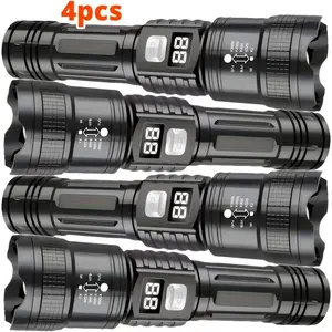 4pcs Rechargeable High-Power Flashlights with Zoomable Spotlight, USB Cable, Super Bright, Long Range, Tactical Work Light for Camping, Hunting, Hiking, Emergency, Adjustable Tactical Flashlight