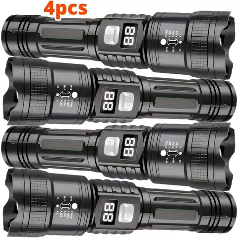 4pcs Rechargeable High-Power Flashlights, Rechargeable Outdoor Lighting, with Zoomable Handheld Spotlight, USB Cable, Super Bright, Long Range, Tactical Work Light for Camping, Hunting, Hiking, Emergency Worklight