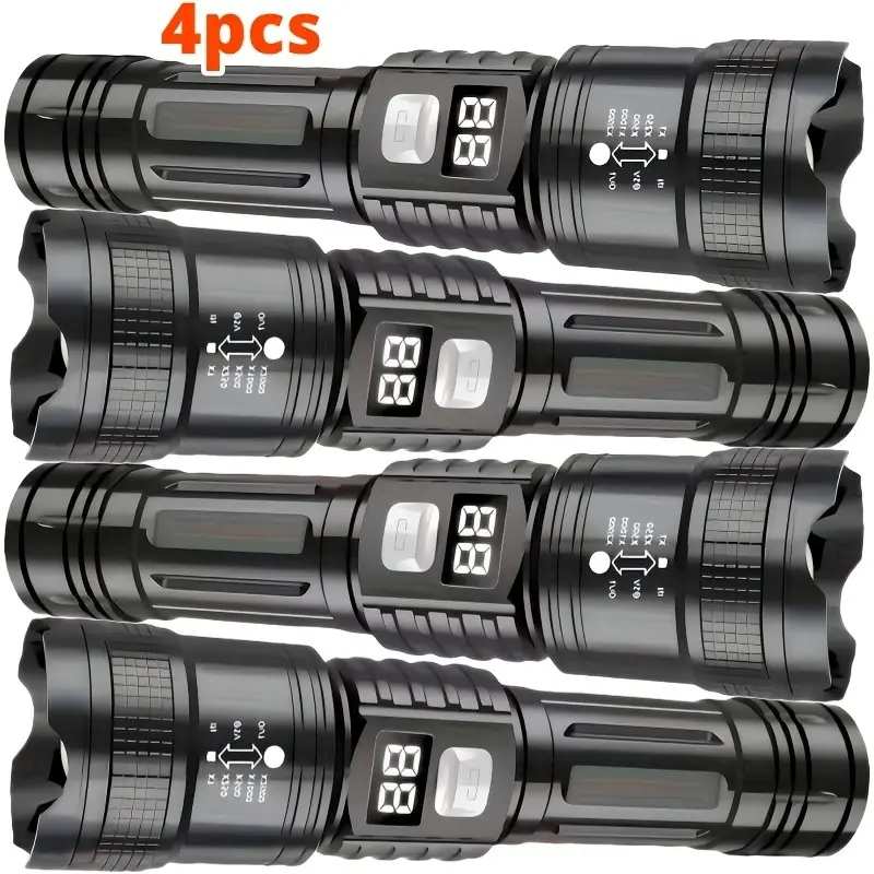 4pcs Rechargeable High-Power Flashlights with Zoomable Handheld Spotlight, USB Cable, Super Bright, Long Range, Tactical Work Light for Camping, Hunting, Hiking, Emergency, Adjustable Tactical Flashlight, High Power Torch