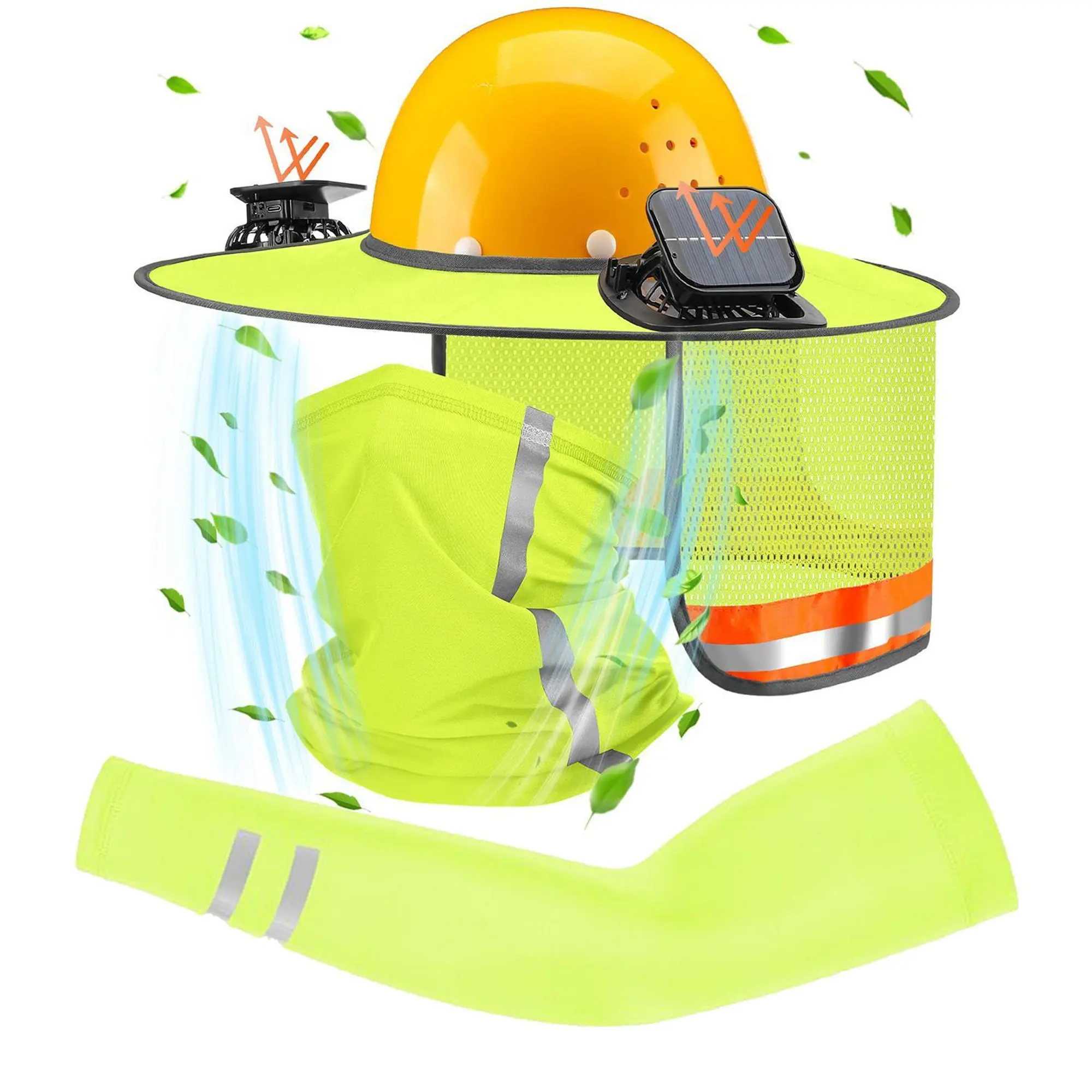 1 Set Safety Full Brim Hard Hat Shade with Solar Fans, Neck Sunshade Cover, High-Visibility Mesh & Reflectors, Work Accessories for Construction Workers, Dad Gift Summer Protection Hat Accessory