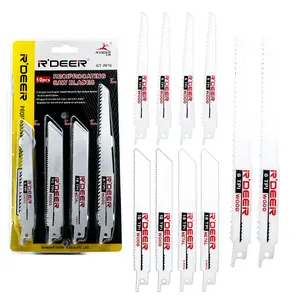 10-piece reciprocating saw blade set, 1.4mm thick, includes 6-inch and 8-inch blades for wood cutting, metal cutting, nail cutting, and demolition work. A professional-grade 6/10/18TPI reciprocating saw blade set is suitable for DIY and construction work.
