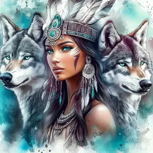 Local American Indian Diamond Painting Kit (Suitable for Beginners), Wolf Round Diamond Art Set (Suitable for Adults), 5D Full Diamond Painting of Women And Wolves for Gemstone Art (Ideal for Crafting Home Wall Decor) 30.48X30.48 cm