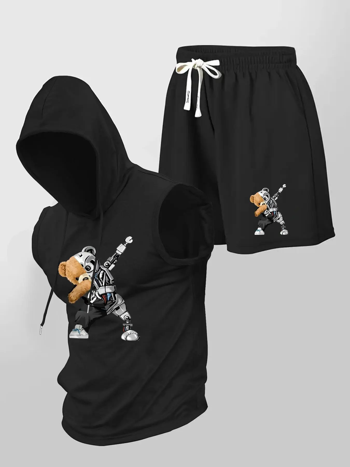 Two-Piece Set Men's Bear Print Hooded Tank Top & Drawstring Waist Shorts Set, Regular Fit Casual Sleeveless Top & Track Shorts, Summer Outfits Clothes Set for Men