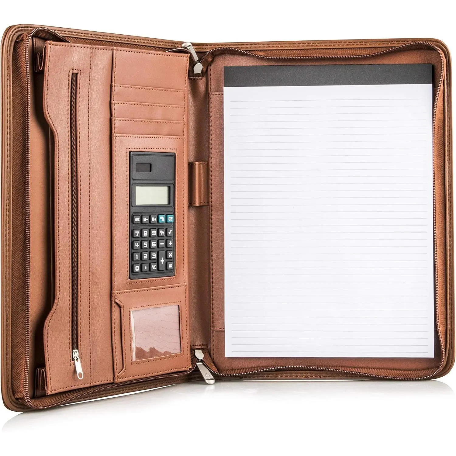 Business Portfolio with Zipper - Padfolio - Superior Business Impressions Begin with PU Vegan Leather, 10.1 Inch Tablet Sleeve,  Storage, Solar Calculator, Writing Pad - Tan