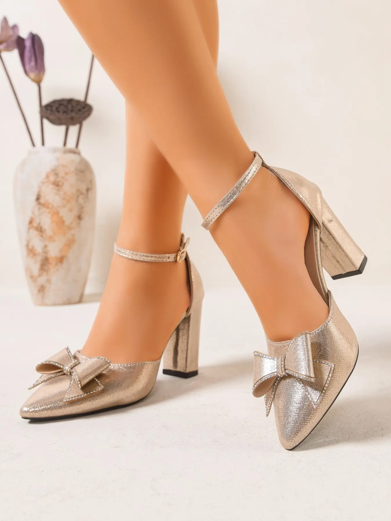 Women's Elegant High Heel Sandals with Bow and Ankle Strap, Pointed Toe, Rubber, Perfect for Weddings, Parties, Evening Events, Formal Occasions, Adjustable Strappy Sandals