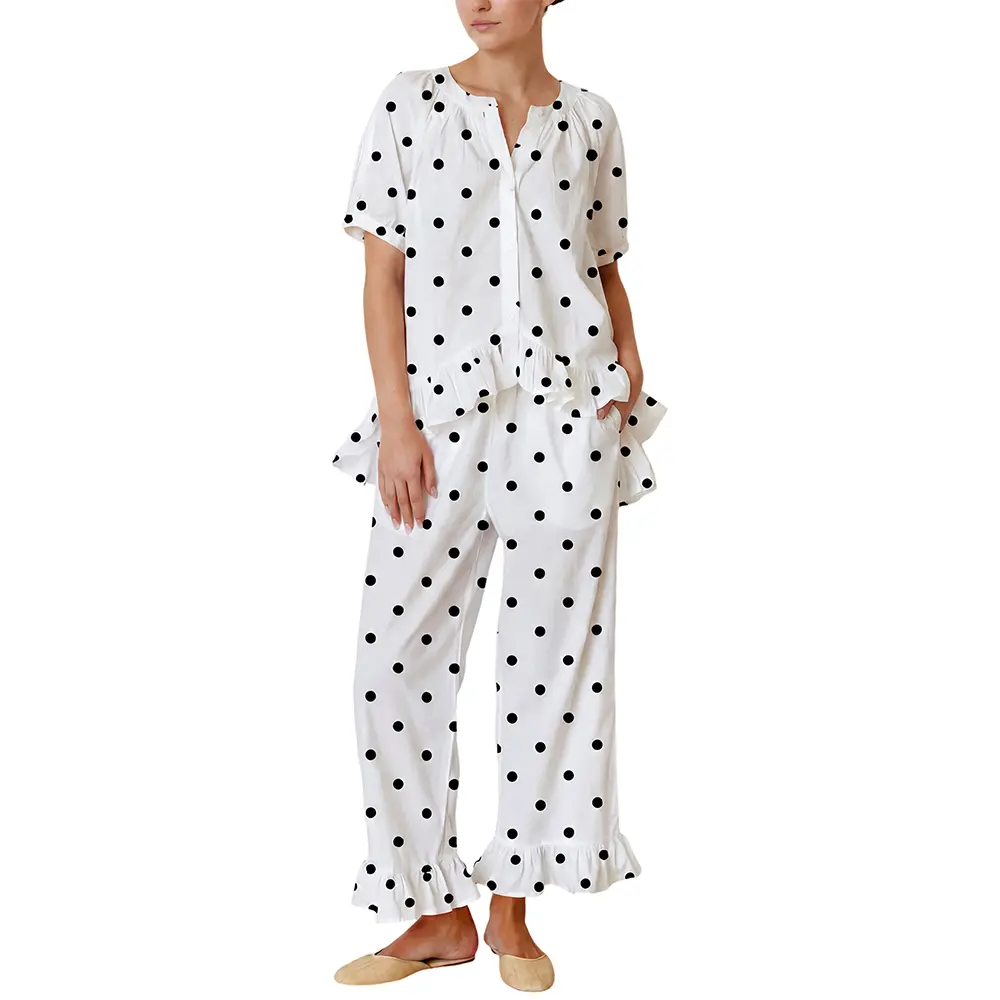Arssm Women Polka Dot Set 2 Piece Pajamas Set Cotton Ruffle Babydoll Shirt and Pants Lounge Sets