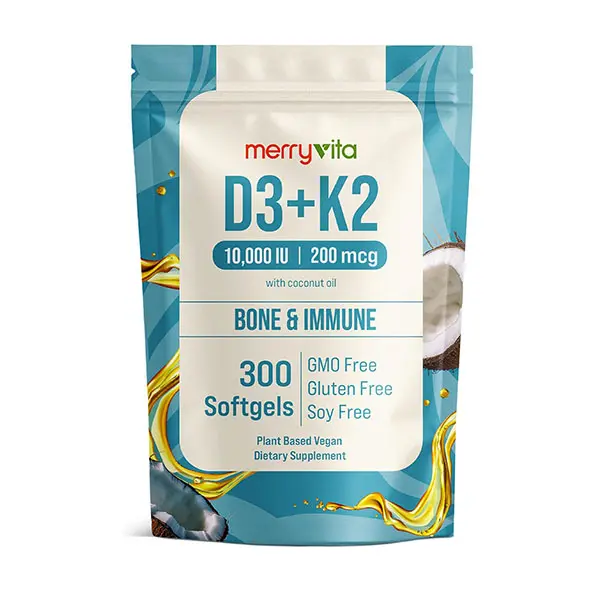 Vitamin D3 10000 IU + Vitamin K2 MK-7 200mcg Softgels, Plant-Based Formula with Coconut Oil, Supports Immune, Bone, Muscle & Heart Health, Vegan, Non-GMO, Gluten-Free, 300 Softgels
