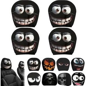 2pcs Set of Funny Big-Eyed Grinning Cartoon Print Car Seat Headrest Covers, Universal Fit Seat Protector, Ideal Gift for Boyfriend & Friends, Christmas & Halloween Surprise