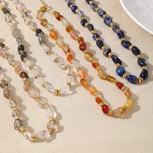 Colored semi-precious stone holiday design collarbone chain, different styles clear retro neck chain irregular natural stone necklace