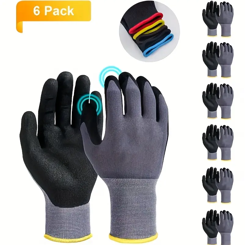6 Pairs Nitrile Micro-Foam Non-Slip Gloves, Seamless Knit Nylon, Touchscreen Compatible, Suitable for Warehouse, Construction Machinery, Garden, Logistics, Automotive