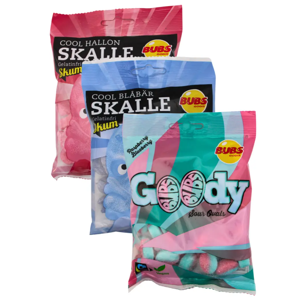 Bubs Swedish Berry Candy Sampler 3 pk - Sour Blueberry Skulls, Sour Raspberry Skulls, Sour Blueberry/Raspberry - Vegan Candies Bonbon Snack swedish b