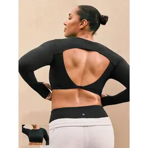 GLOWMODE Plus Size FeatherFit Short And Sweet Buttery-Soft Twisted Open Back Design Thumbholes Long-Sleeve Crop Top Low Impact Yoga Studio Daily Casual Wear Removable Cups