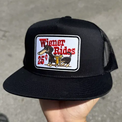 Wiener Rides Snapback Trucker Hat - Yupoong 6006, 5 Panel, High Crown, Mesh Back, Adjustable Streetwear Hat with Custom Patch, Casual Headwear