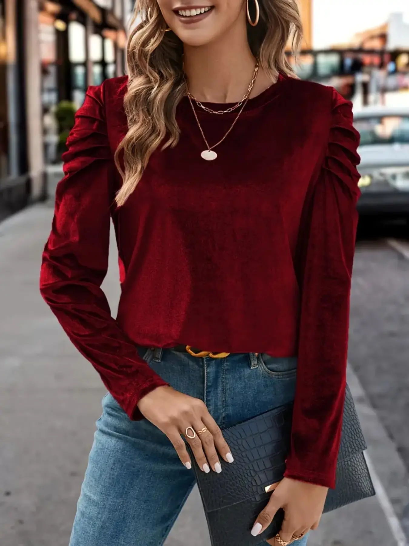 Autumn Winter Fashion Soft Velvet Bubble Sleeve Top Blouse, Vintage Atmosphere Long Sleeve Fitted Shoulder Pleated Design, Everyday Commute Date Versatile
